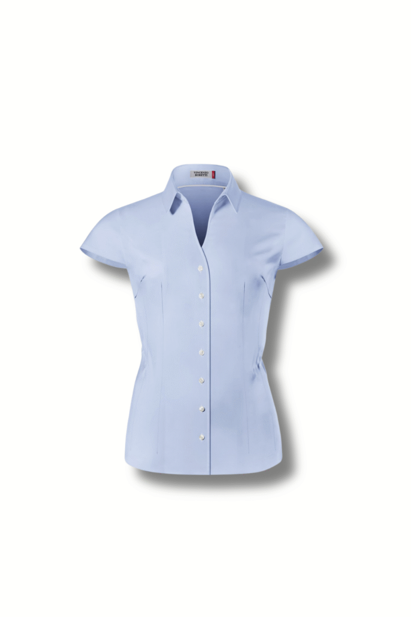 Chemisier bleu élégant Vincenzo Boretti pour tenue de bureau femme chic et look minimaliste moderne