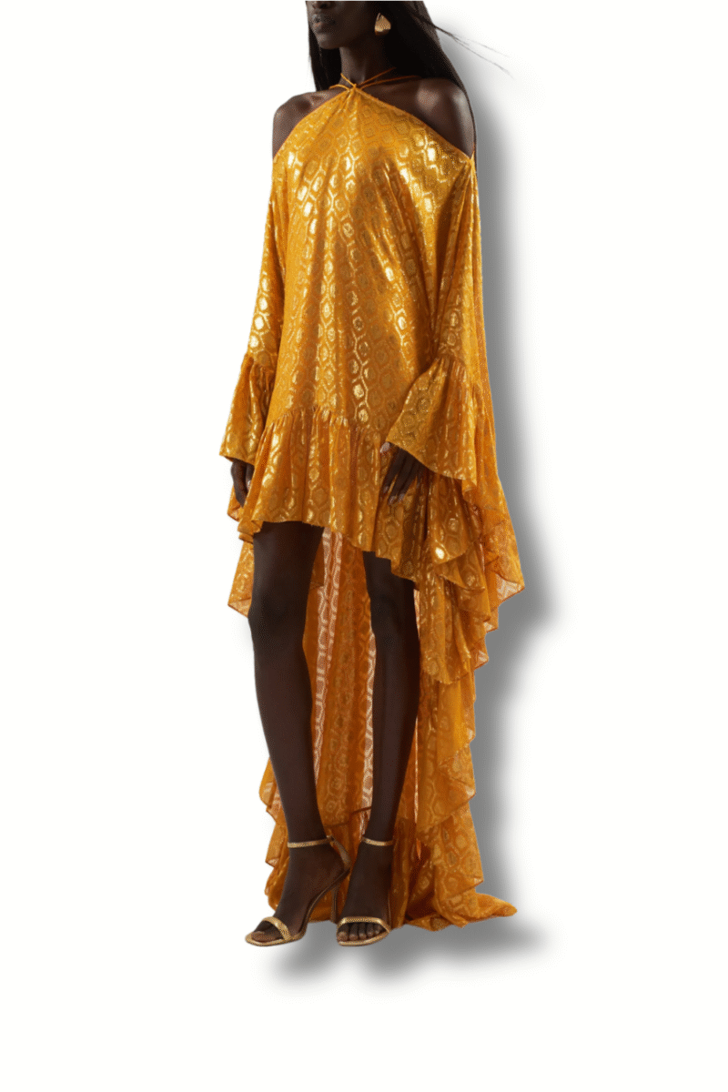 Kaftan long jaune marigold Taller Marmo – robe élégante fluide pour mariage et soirée. Tenue de cérémonie femme luxe, silhouette ample et lumineuse, style couture moderne.